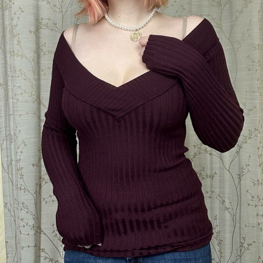 off shoulder burgundy long sleeve knit sweater